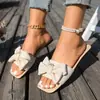 Sandalias Planas de Tela Rayada con Lazo para Mujer, Punta Cuadrada, Chanclas para Exteriores, Pantuflas de Playa