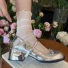 Zapatos Mary Jane Plateados Pequeños Estilo Fragante con Lazo y Tacón Grueso Francés para Mujer Verano 2023 Boca Baja con Falda Puntera Redonda Planos