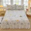 Saia de Cama de Peça Única de Algodão Colcha Conjunto de Três Peças Renda Espessada Lençol de Cama Esfoliante Fronha Franzida Roupa de Cama de Alta Qualidade