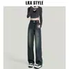 Jeans Reta Cintura Alta Feminino Outono e Inverno com Forro de Lã 2024 Novo Outono Preto Cinza Emagrecedor Skinny Perna Larga Calças