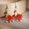 Nuevos Pendientes Rojos Estilo Chino con Flor Perla y Borla Diseño Nicho Moda Simple Elegantes con Esmalte