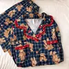 Pijama de Niña Oso a Cuadros Estilo Retro Conjunto de Cardigan con Encaje y Pantalones de Manga Larga Ropa de Casa para Estudiantes Primavera y Otoño