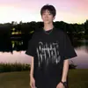 Camiseta Masculina de Algodão Puro Manga Curta Estilo Hiphop Americano High Street Tendência de Verão Estampa de Letras Camiseta Solta de Meia-Manga para Casal