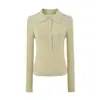 Suéter de tricô com listras damasco, gola polo, estilo casual, para mulheres, look de outono, estilo coreano, versátil, modelagem justa, blusa de manga longa
