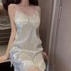 Bata de Noche de Seda Helada Delgada Sexy con Ribete de Encaje para Mujer, Estilo Celebridad de Internet, Atractiva y Seductora