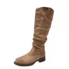 Primeiro Encontro: Botas Longas de Camurça Plissada com Salto para Mulheres Baixas, Estilo Retrô Minimalista Europeu e Americano, Versáteis para o Trabalho, Botas de Equitação Femininas