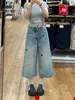 Jeans Cropped Wide-Leg Bordado Estilo Americano Feito Sob Medida de Fábrica para Mulheres, Calças Finas Soltas Retas de Comprimento Médio Plus Size de Verão