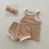 Roupa de Verão INS para Bebês Conjunto Casual de Colete, Shorts e Faixa de Cabelo Peça Única para Meninos e Meninas Recém-Nascidos