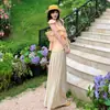 Top de tirantes con retazos de encaje estilo coreano y mangas acampanadas + Pantalones de pierna ancha con cordón de cintura alta conjunto de dos piezas de verano nuevo para mujer