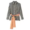 Nova camisa feminina de verão estilo europeu e americano, versátil, com blocos de cor, listrada, de manga comprida, com cinto