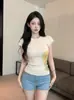 Top con Estampado de Girasol para Mujer 2026 Verano Chica Caliente Sexy Ajustado Cuello Redondo Manga Corta Volante Camiseta de Punto
