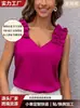 Camisola con Borde Fruncido Hecha a Medida Transfronteriza para Mujer, Estilo Europeo y Americano Color Sólido Cuello en V Hombro Fruncido Sin Mangas Prendas de Abrigo Ropa Interior Top