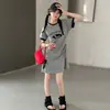Saias para Meninas Verão 2026 Novo Estilo Meninas Grandes Vestido Camiseta Casual Coreano Vestido de Verão Estiloso de Manga Curta