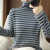 Suéter de otoño transfronterizo, nuevo estilo, bloques de color, rayas, cuello alto enrollado, sencillo, corte ajustado, rejuvenecedor, ropa interior para mujer