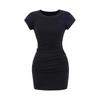 Vestido de Verano Americano de Chica Caliente de Cuello Redondo con Hombro Derecho Descubierto de Manga Corta con Cintura Plisada y Corte Ajustado Falda Corta Ajustada de Color Sólido