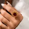 Anillo Abierto de Zirconia Roja Ovalada Electrochapado en Oro Real de 24 Quilates Anillo Transfronterizo Europeo y Americano Lujo Accesible Joyería de Alta Gama