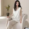 Artículos Populares en Stock para Transmisión en Vivo (con copas) Pijama de Algodón para Mujer, Camiseta sin Mangas de Verano, Manga Corta, Pantalones Largos, Envío Directo (Dropshipping)