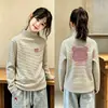 Roupa Íntima Camada Base Listrada para Meninas De Rong Gola Meia-Alta Outono e Inverno Camiseta de Manga Longa Pequena Menina Ajustada Estilo Coreano Top