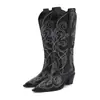 Botas Vaqueras de Punta para Mujer, Bordadas, Debajo de la Rodilla, Nuevas Botas Largas de Corte en V Primavera/Otoño 2026, Tacón Grueso, Botas de Montura de Moda