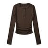 Camisa de cuello redondo y botones de polar cálido para otoño e invierno de 2023, top de manga larga adelgazante con pliegues interiores y corte entallado para mujer