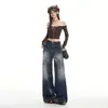 Jeans Retro Americano Azul Escuro para Mulheres, Estilo Outono e Inverno, Design com Aba no Bolso Traseiro, Calça Reta de Perna Larga Solta Emagrecedora
