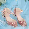 Zapatos de Tacón Alto de Cristal con Lazo para Niñas Nuevos en Stock Zapatos Brillantes de Princesa Zapatos de Cuero para Actuación de Piano de Niñas