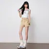Shorts Jeans Cinza de Cintura Alta com Botões Duplos Stretch Feminino 2026 Novidades Primavera/Verão Levanta Bumbum Emagrecimento Versátil Cor Sólida Comprimento Três Quartos
