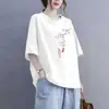Camiseta de Manga Curta Estilo Chinês Novo para Comércio Exterior Transfronteiriço, Blusa Solta Plus Size para Mulheres Curvilíneas, Esconde a Barriga, Efeito Emagrecedor