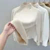 Camisa Básica Forrada com Fleece de Gola Alta para Mulheres, Nova Coleção Outono e Inverno 2024, Top Suéter Quente Tudo-em-Um de Veludo Mink