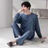 Pijama para hombre para otoño e invierno, 100% algodón, manga larga, pantalón largo, cuello redondo, corte holgado, casual, talla grande, conjunto de ropa de estar para jóvenes