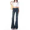 Jeans Bootcut Azul Escuro Estilo Yi Mengling para Mulheres Outono e Inverno Novo Estilo Roupa de Trabalho Efeito Emagrecedor Calças Flare em Forma de Ferradura