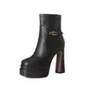 Botines de cuero para mujer con tacón alto y plataforma, punta redonda, cremallera lateral, hebilla de cinturón, botines cortos de moda estilo europeo y americano para otoño e invierno