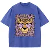 [Transfronteiriço 230g] Camiseta Feminina Retro Lavagem Ácida Estampa de Leopardo Estampa de Desenho Animado Gola Redonda Algodão Manga Curta Moda