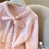 Moda Coreana Elegante Dulce Corbata de Lazo con Cordones Suéter Rosa de Punto Cardigan Top para Mujer Otoño/Invierno