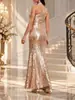Vestido de Noche Largo con Lentejuelas de un Solo Hombro Transfronterizo de Amazon para Mujer, Ajustado de Cola de Pez con Abertura, Vestido de Banquete de Lujo Ligero con Cola