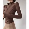 Chaqueta corta de Pilates que realza la figura para mujer, alta elasticidad, ajustada, manga larga de yoga con agujero para el pulgar, cuello alto, con cremallera, ropa de gimnasio para verano