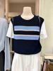 Suéter de Punto Rayado con Costuras de Color en Contraste de Dos Piezas Falsas Estilo Coreano para Mujer Verano Diseño con Sentido Hombro Cuello Redondo Manga Corta Camiseta Top