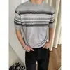 Camiseta de punto de manga corta para hombre con rayas jacquard Fair Isle, estilo old money, business casual, seda de hielo, verano, venta al por mayor de fábrica transfronteriza