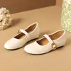 Zapatos de verano slip-on para mujer de estilo retro francés con hebilla metálica, planos poco profundos de cuero genuino retro francés con punta redonda