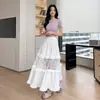 Saia de Bolo Patchwork de Renda Branca para Mulheres, Verão Fina de Cintura Alta Emagrecedora Franzida Vazada Linha A