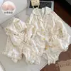 Dulce pijama estilo princesa con sujetador incorporado, de manga larga, adecuado para primavera y otoño, con cuello de muñeca, encaje en forma de corazón y un diseño lindo, perfecto como un cómodo conjunto de ropa de estar en casa