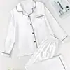 Pijama de Satín de Verano Transfronterizo Europeo y Americano, Cárdigan de Color Sólido con Solapa, Mangas Largas, Pantalones Largos, Superficie Lisa, Conjunto de Ropa de Casa para Mujer