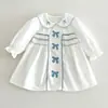 Vestido de Algodón Puro con Bordado de Lazo y Cuello Estilo Coreano para Niñas Pequeñas y Niños Pequeños Primavera y Otoño Lindo Casual Largo