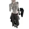 Precio no negociable, mono largo de manga larga ajustado con capucha, estampado de chica hot vintage de otoño, pedrería, gris algodón, talla única