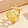 Colección Serie Oceánica Estilo Fresco de Vacaciones Anillo Abierto de Concha y Estrella de Mar para Mujer Anillo de Acero Inoxidable Artículo Popular Transfronterizo
