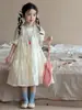 Vestido para Meninas 2026 Verão Novo Estilo Coreano Vestido Princesa Infantil Elegante Renda Manga Bufante Vestido Longo