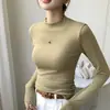 Camisa base para mulheres, com forro de fleece, espessa, gola semi-alta, para outono e inverno, de alta qualidade, modelagem slim, top branco escovado de manga longa