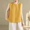 Elegante y sencilla camisa sin mangas tipo chaleco de algodón y lino para mujer, top de verano de una sola fila de botones con cuello redondo, blusa de lino con diseño de doble uso