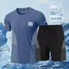 Conjunto Esportivo Fino de Verão Masculino com Meia Calça de Gelo Secagem Rápida Respirável Camiseta de Manga Curta Pacote Casual de Duas Peças