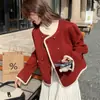 Gola Redonda Estilo Chanel 2025 Elegante Top Outono e Inverno Festivo Casaco Outerwear Vermelho Manga Longa Feminino Novo Casaco